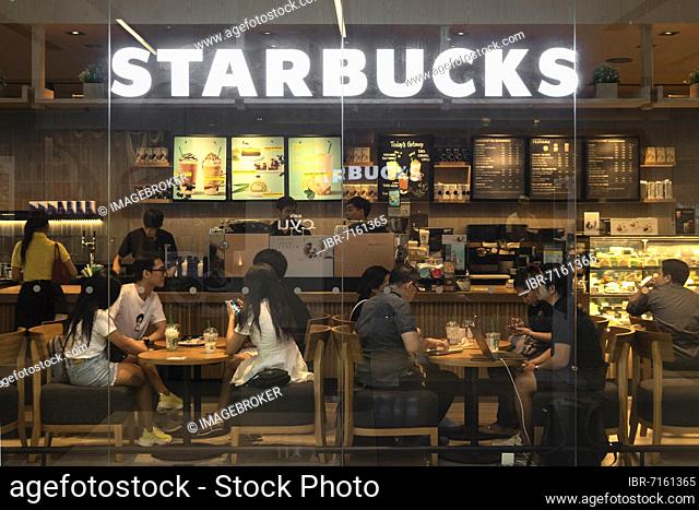 Starbucks shop window illuminated, Bangkok, Thailand, Asia