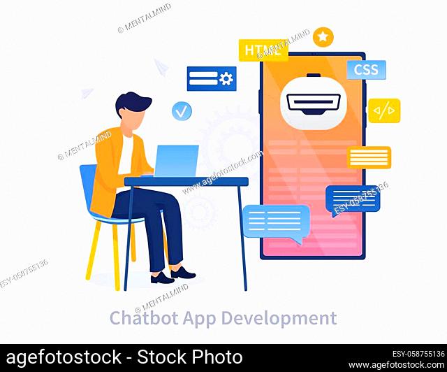 Software developer writing a code for a Chatbot on an online mobile device working on his laptop, colored vector illustration