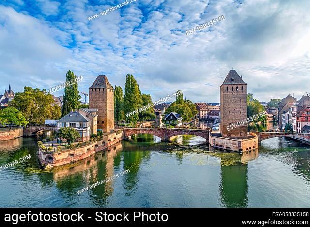 View of medieval bridge Ponts Couverts from the Barrage Vauban in Strasbourg, France