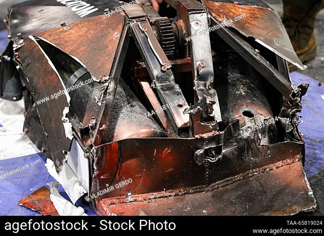 RUSSIA, MOSCOW - DECEMBER 16, 2023: A burned robot of the Nesgibayemye [Resilient] (Tver) team at the final of the Battle of Robots international championship...