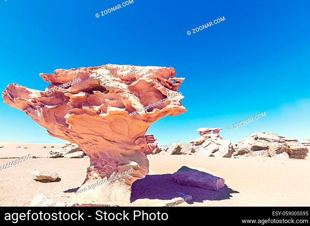 Arbol de piedra - Stone tree rock formation in Bolivia (Arbol de Piedra) of the Uyuni Salt Flat, South America