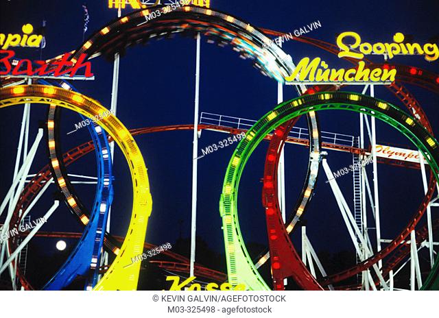 Octoberfest amusement rides: the Olympia Looping, a roller coaster designed by Anton Shwarzkopf. Munich. Germany
