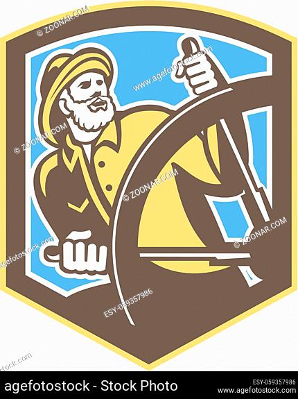 Illustration of a fisherman sea captain at the helm steering wheel set inside shield crest shape done in retro style