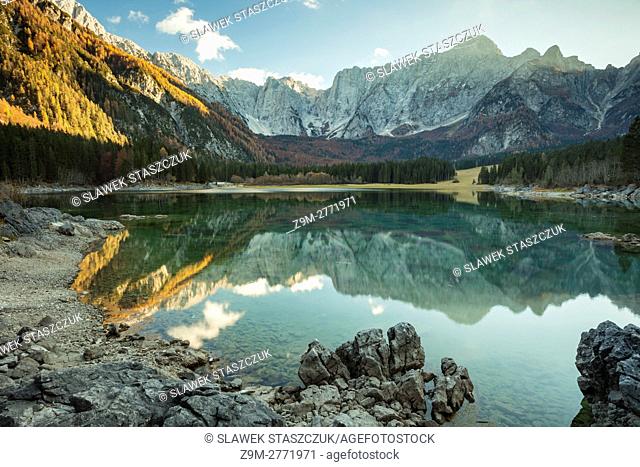 Autumn afternoon at upper Fusine lake, Dolomites, Italy