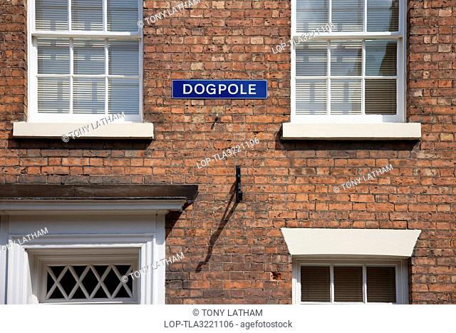 England, Shropshire, Shrewsbury. Dogpole street sign in the historic market town of Shrewsbury
