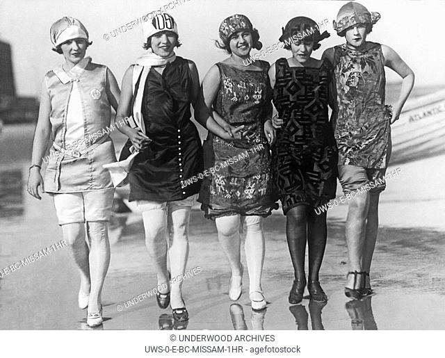 Atlantic City, New Jersey, July, 1924. Five of the contestants in the Miss America contest take a stroll on the beach