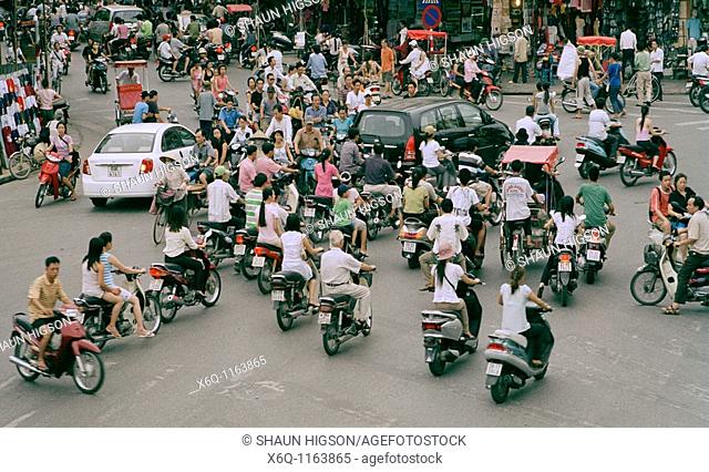 Busy traffic in the Old City of Hanoi in Vietnam in Southeast Asia Far East