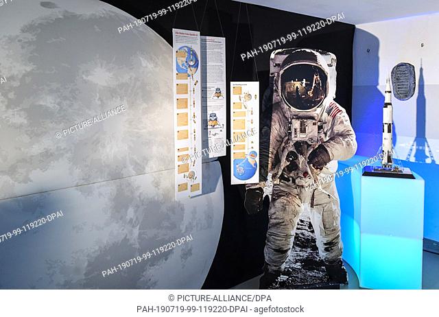 17 July 2019, Brandenburg, Eberswalde: In the Star Trek Museum ""Spaceship Eberswalde"" by Benjamin Stöwe, a model of the Apollo 11 rocket as well as a display...