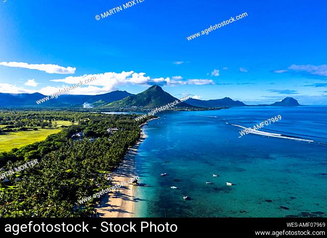 Mauritius, Black River, Flic-en-Flac, Aerial view of palm trees along coastal beach in summer with Tourelle du Tamarin mountain in distant background