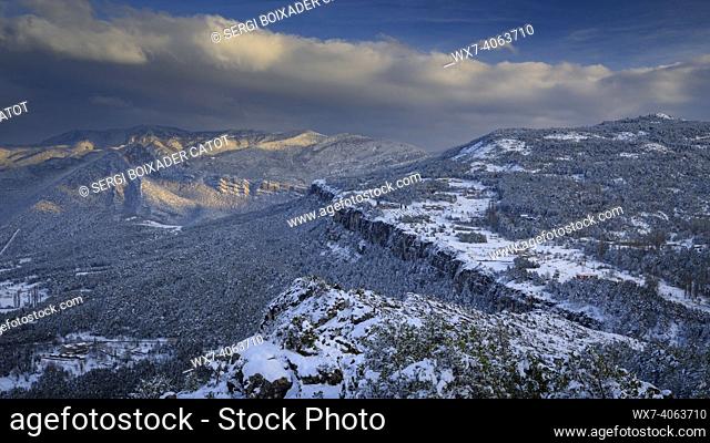 Snowy Vallcebre cliffs in winter, at sunset, in BerguedÃ  (Barcelona province, Catalonia, Spain, Pyrenees)