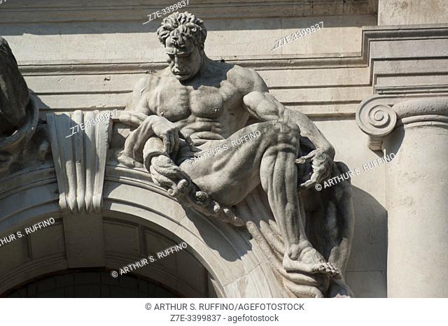 Sculpture on façade of Angelo Mai Civic Library (Biblioteca Civica Angelo Mai), Palazzo Nuovo di Bergamo. Piazza Vecchia (Old Square), Upper Town (CittÃ  Alta)