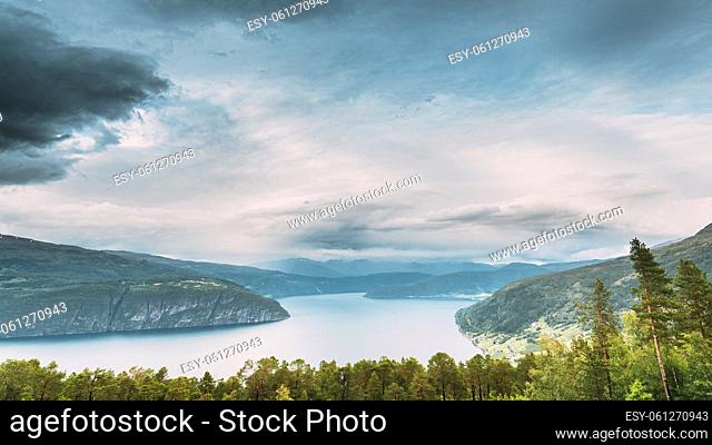 Utvik, Sogn Og Fjordane County, Norway. Norwegian Mountain Lake Landscape. The Innvikfjord Is A Sub-fjord Of Nordfjord In The Municipality Of Stryn In Sogn Og...