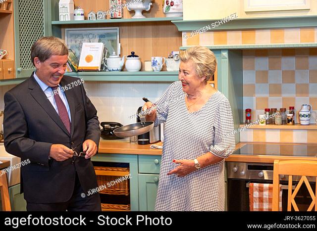 Bonn, Germany, 16.09.2020: Actress Marie-Luise Marjan, known as Mother Beimer, poses with Foundation President Hans Walter Huetter in her kitchen