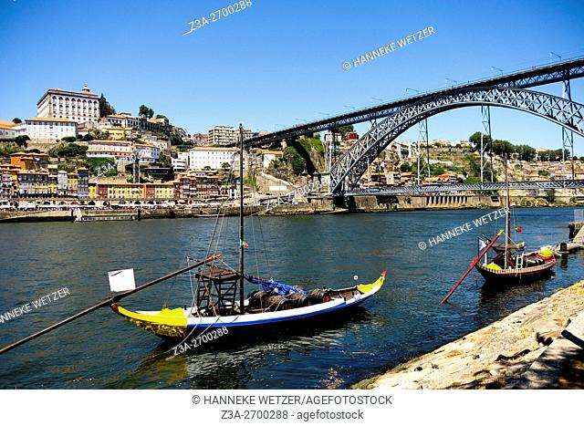 Boats in the river `douro with a view on Porto seen from Vila Nova de Gaia, Portugal