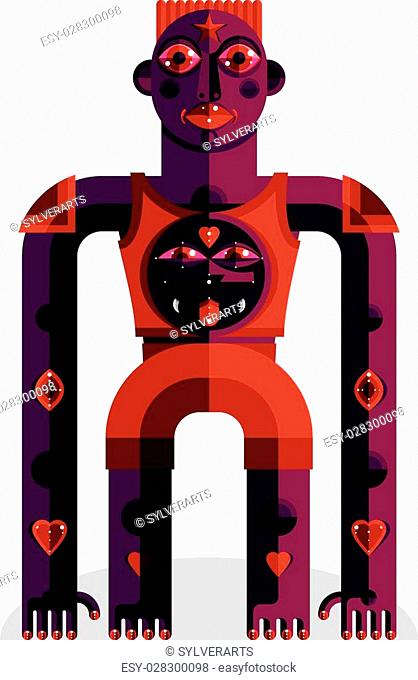 Flat design drawing of odd character, art picture made in cubism style. Vector colorful illustration of spiritual totem isolated on white