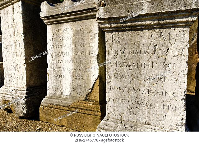 Engraved pillars at the Roman theater on Fourvière Hill, Lyon, France (UNESCO World Heritage Site)