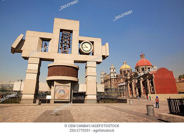 View to the Carillon, cross-shaped image symbolizing the cosmos called Nahui-Ollin and the Old Basilica de Santa Maria de Guadalupe, Mexico City, Mexico