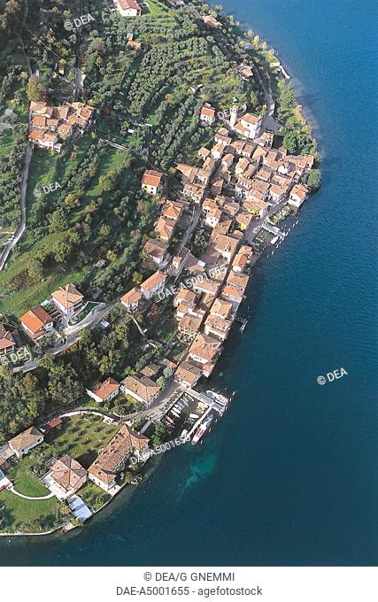 Aerial view of Carzano, Monte Isola, on Lake Iseo or Sebino - Province of Brescia, Lombardy Region, Italy