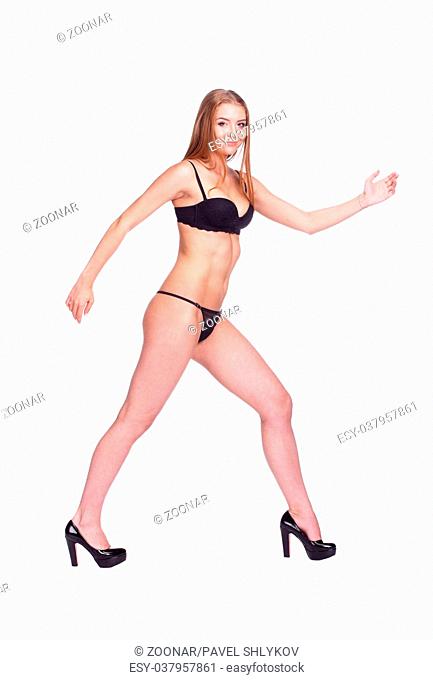 Woman Walking Side View, Sexy Girl in black Underwear, People isolated