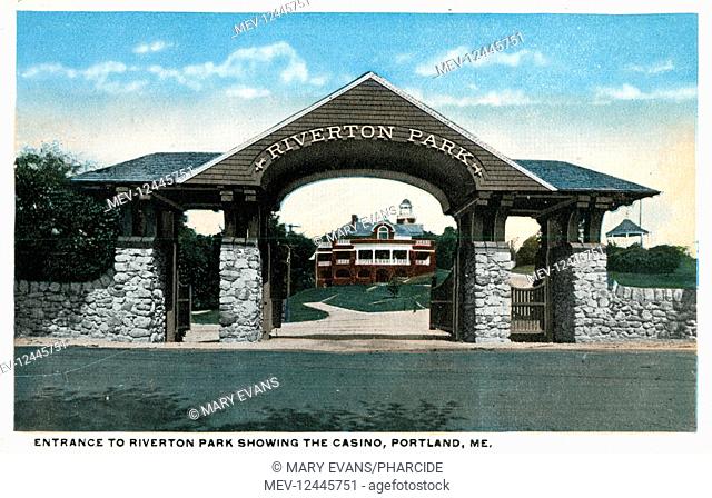 Entrance to Riverton Park, showing the Casino, Portland, Maine, USA