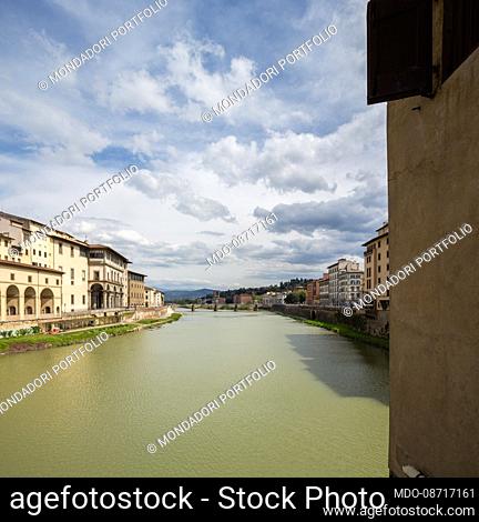 Ponte Vecchio: view towards Ponte alle Grazie with the Vasari Corridor. Florence (Italy), April 16th, 2021