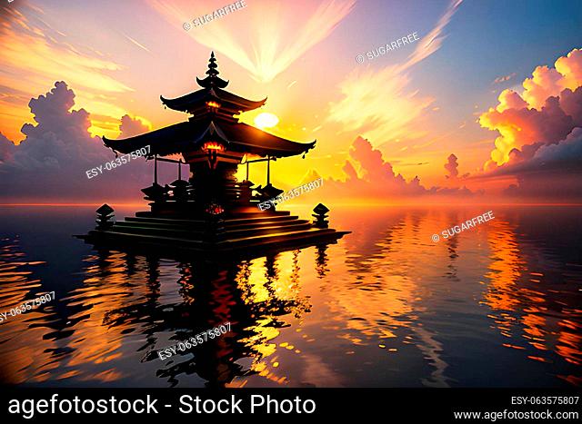 Illustration of buddhist temple, surrounded by sea. Buddhism and travel concept. AI generated image