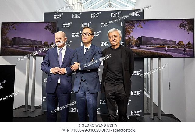 Hamburg's mayor Olaf Scholz (L-R), the chairman of Montblanc, Nicolas Baretzki, and the Spanish architect Enrique Sodejano from the architect's office Nieto...