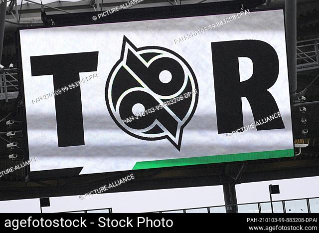 03 January 2021, Lower Saxony, Hanover: Football: 2. Bundesliga, Hannover 96 - SV Sandhausen, Matchday 14 at HDI Arena. Goal with the Hannover 96 logo is on the...