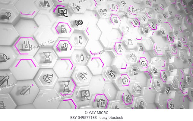 Innovative 3d illustration of business hexagons with computer signs of coffee, phone, texting connected with each other and placed aslant in the grey background