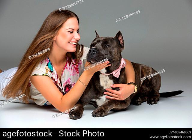 Beautiful elegant happy young woman in white dress hugging adult grey amstafford terrier dog with bow on neck. Studio shot over grey background