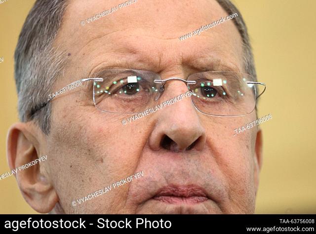 RUSSIA, TEHRAN - OCTOBER 23, 2023: Russia's Foreign Minister Sergei Lavrov talks to journalists after a ministerial meeting of the 3+3 South Caucasus regional...