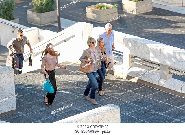 Five adults walking across elevated walkway