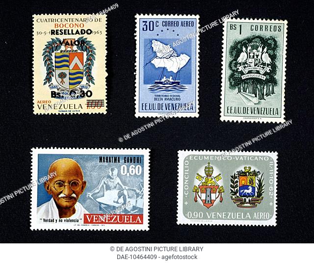 From left to right and from top to bottom: postage stamp depicting coat of arms and overprint, 1963; postage stamp from the Physical and political geography of...