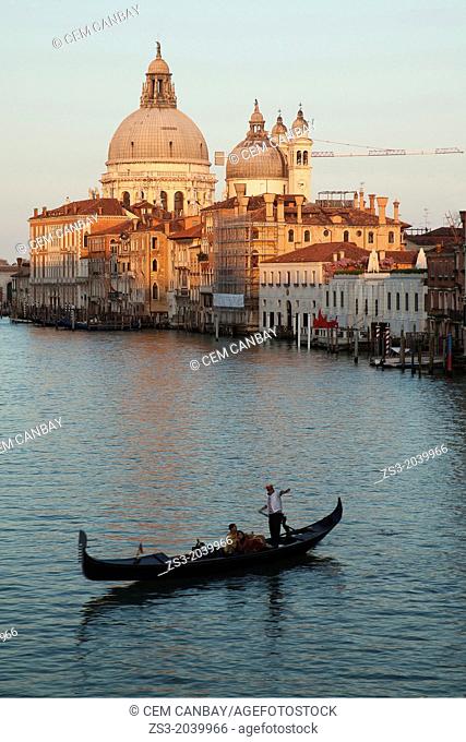 Gondola in front of Our Lady of the Salute Church at sunset, Venice, Veneto, Italy, Europe