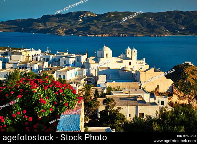 Picturesque scenic view of Greek town Plaka on Milos island over red geranium flowers, Plaka village, Milos island, Greece, Focus on flowers, Europe
