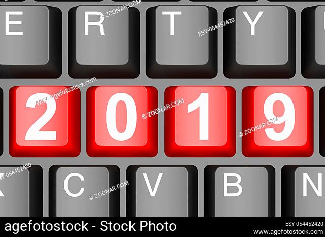 Year 2019 button on modern computer keyboard image with hi-res rendered artwork that could be used for any graphic design