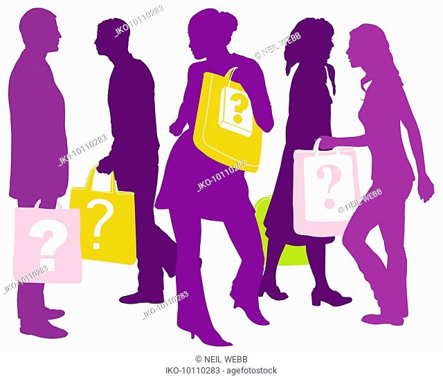 Men and women carrying shopping bags with question marks