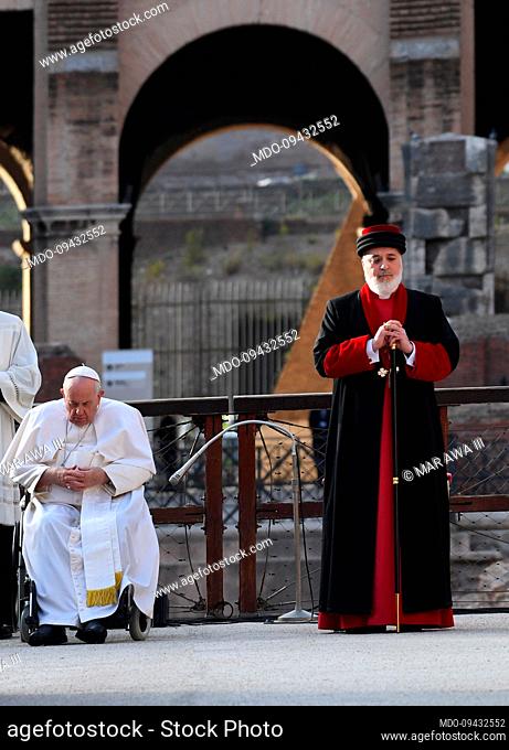 Pope Francis participates in a joint prayer for peace with all the representatives of world religions at the Colosseum, to conclude the international meeting...