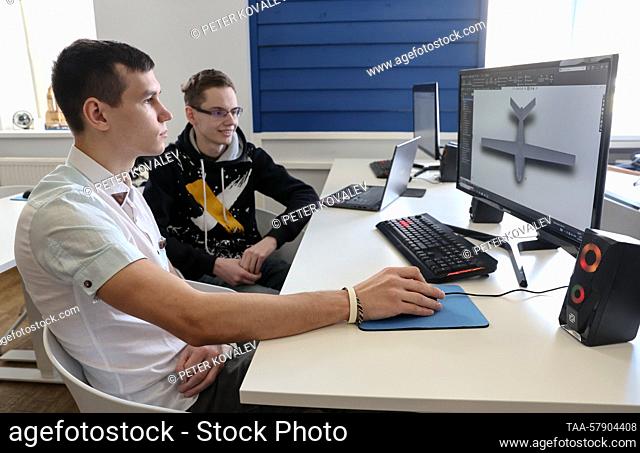 RUSSIA, ST PETERSBURG - MARCH 16, 2023: Students of GUAP St Petersburg State University of Aerospace Instrumentation show a prototype multi-tasking unmanned...