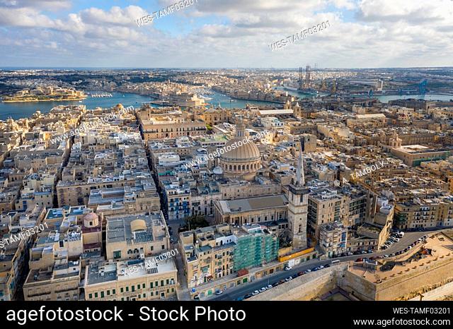 Malta, South Eastern Region, Valletta, Aerial view of Saint Johns Co-Cathedral and surrounding old town buildings