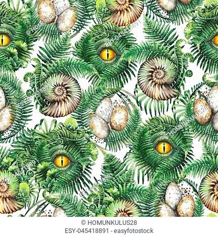 Prehistoric watercolor collection of dinosaur body parts, fossils and plants. Hand painted seamless pattern