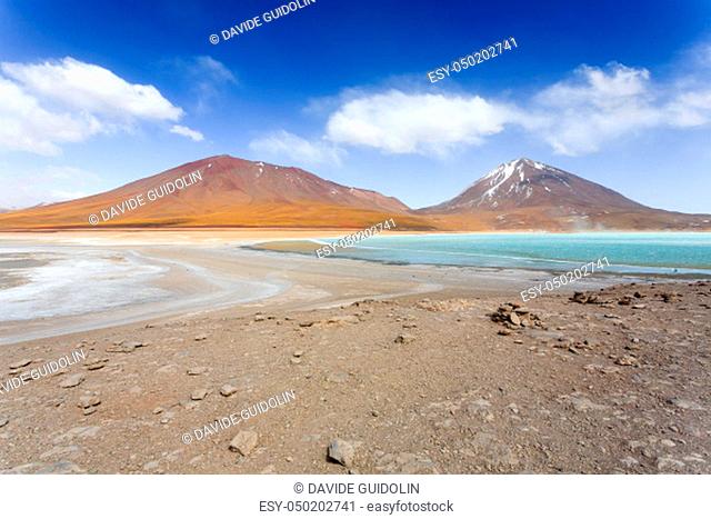 Laguna Verde landscape, Bolivia.Beautiful bolivian panorama.Green lagoon and Licancabur volcano