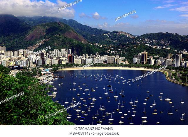 View from the sugar loaf mountain on Rio de Janeiro, Brazil, here on the parts of town of Flamengo, Santa Teresa and Centro and on the beach Praia do Flamengo