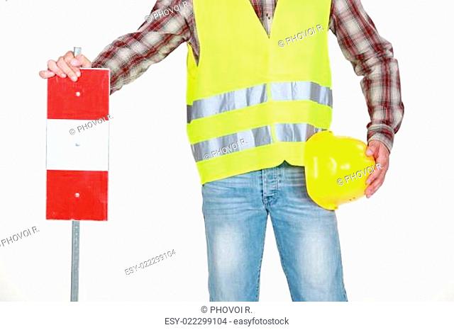 Road worker with sign