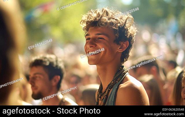 Young handsome party boy, People on music festival in the summer, back view, big group at party with dj, summer nightlife, disco club outside, fun youth