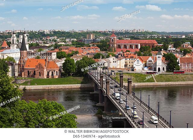Lithuania, Central Lithuania, Kaunas, elevated view of Vytautas Church, Aleksoto tiltas bridge, and Nemunas riverfront, morning