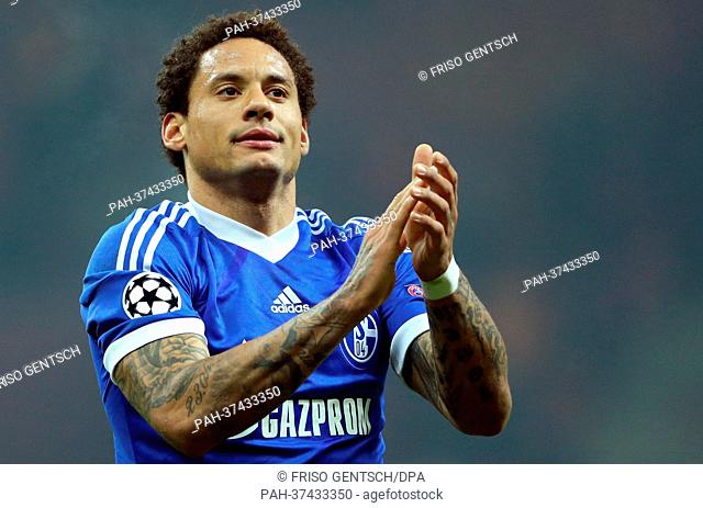 Jermaine Jones of Schalke celebrates after the UEFA Champions League round of 16 first leg soccer match between Galatasaray Istanbul and FC Schalke 04 at Ali...