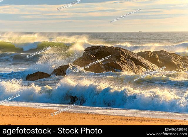 Breaking waves on an Atlantic Ocean beach in France