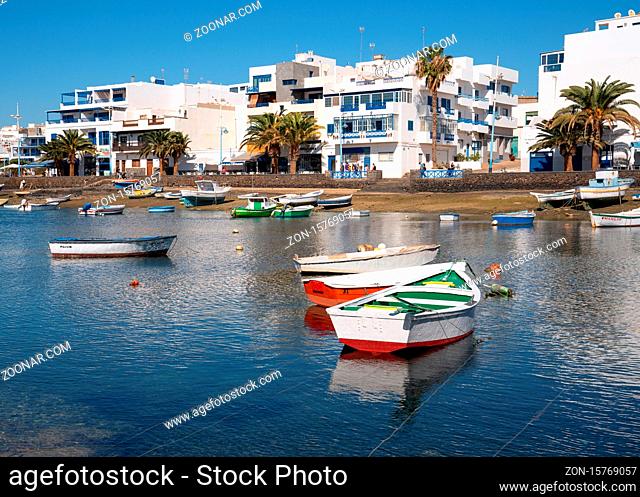 ARRECIFE, SPAIN - JANUARY 28, 2020: Panoramic image of the marina of Arrecife on a sunny day with clear sky on January 28, 2020 in Lanzarote, Spain