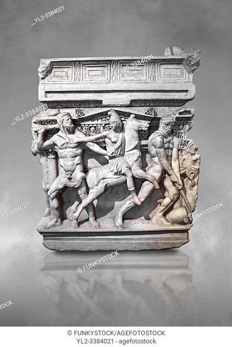 End panel of a Roman relief sculpted Hercules sarcophagus with kline couch lid, ""Columned Sarcophagi of Asia Minors'style typical of Sidamara, 250-260 AD